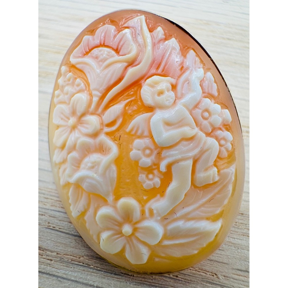 M+M Scognamiglio 14K Gold Italian Shell Cameo Brooch Pendant Cherub Flower Italy